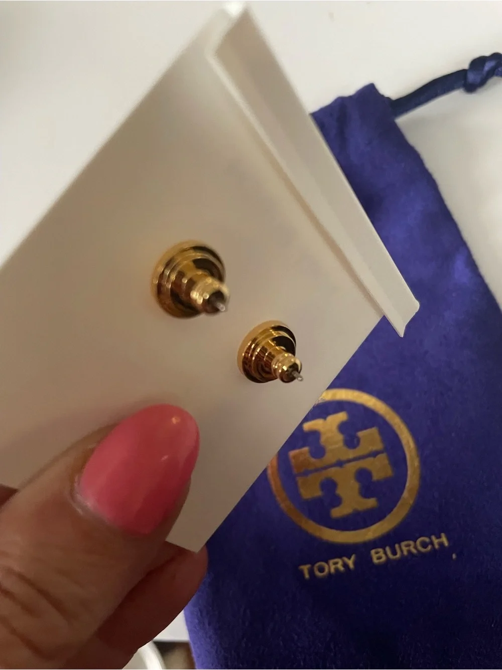 Tory Burch Royal Blue Enamel Flower Stud Earrings with Gold Trim